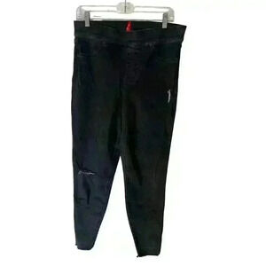 Spanx Womens Vintage distressed skinny jeans L high rise raw hem black pull on